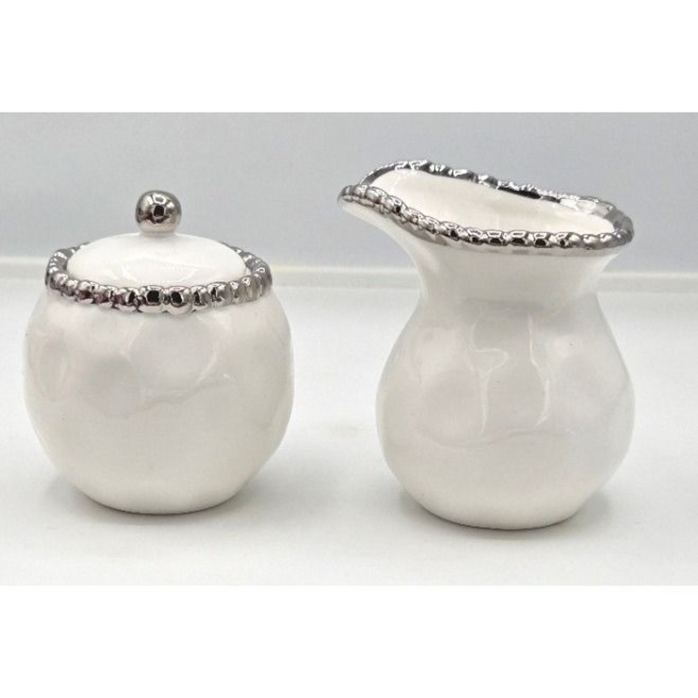 Pampa Bay Porcelain Small Creamer and Sugar Set with Silver Trim & Original Box